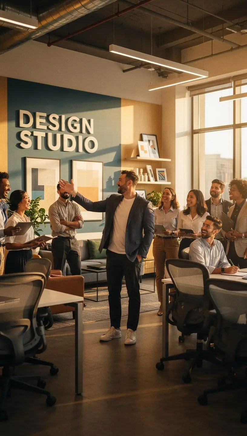 Interjera dizains ar radošu apgaismojumu, kas uzsver zīmola tēlu un stilu.