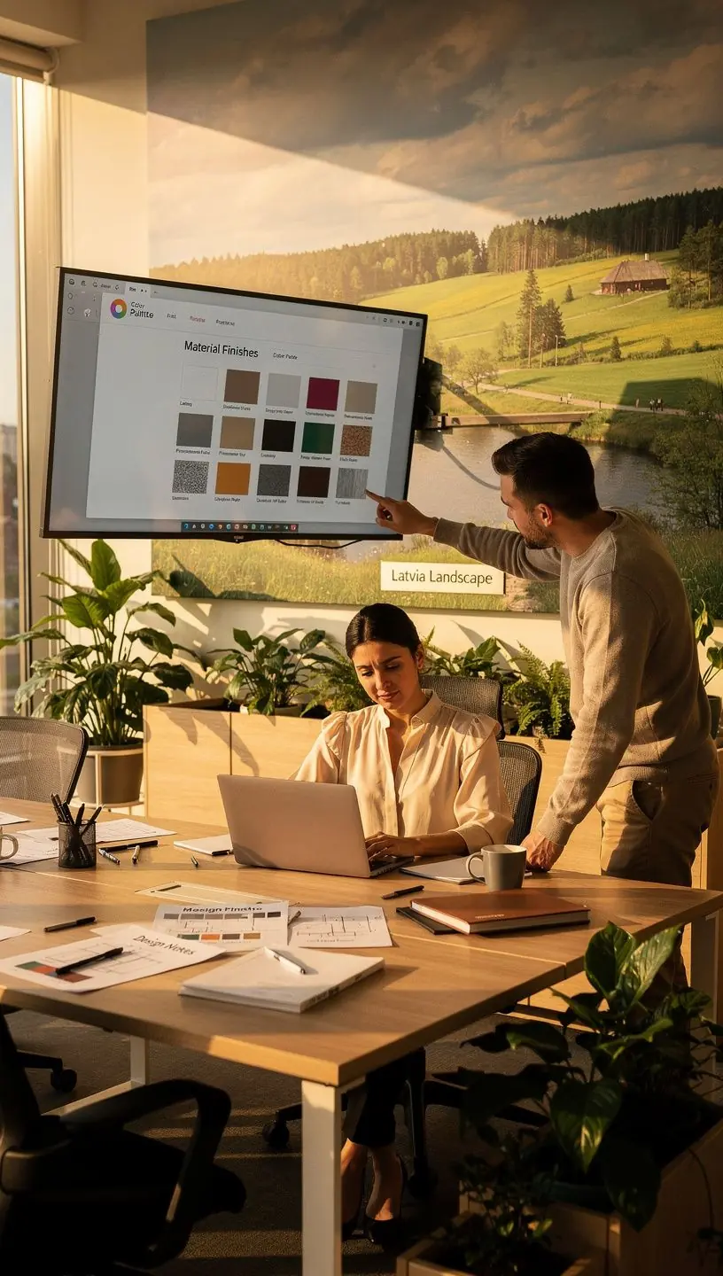 Materiālu izvēle, kas nodrošina ilgtspējību un estētisku pievilcību biroja interjerā.